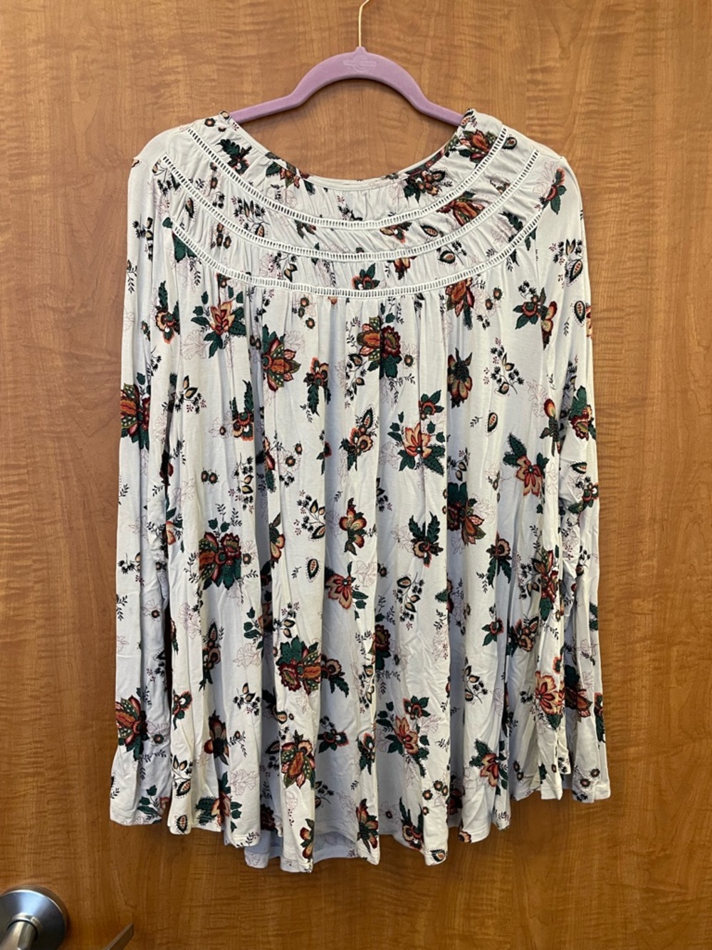 Lane Bryant White Floral Smocked Yoke Tunic with Green & Rust Accents